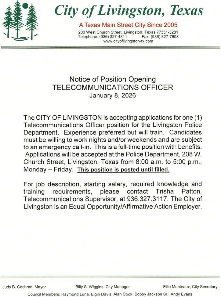 Notice of Position - Telecommunications Officer POSTED 1-8-2026